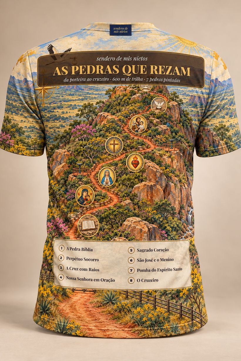 Camiseta A, costas: o mapa da trilha com as paradas