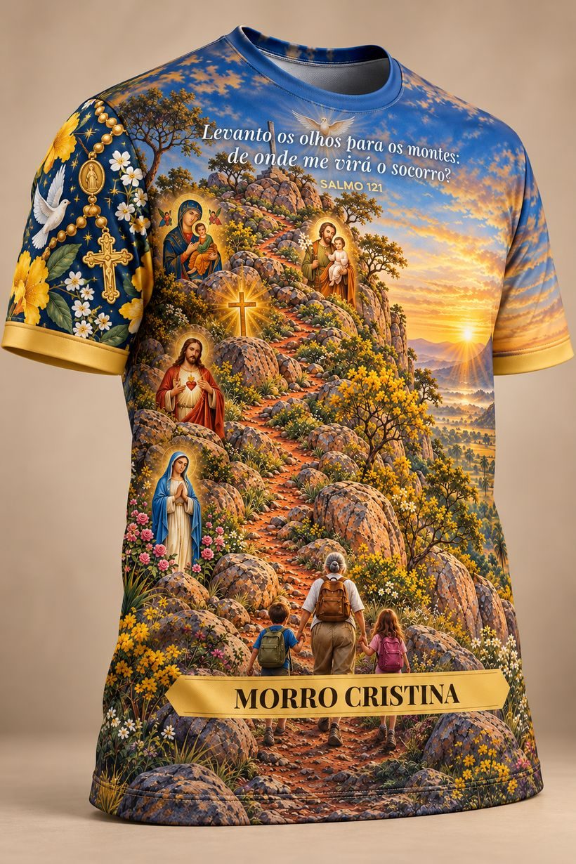 Camiseta B, A Trilha: a avó subindo com os netos