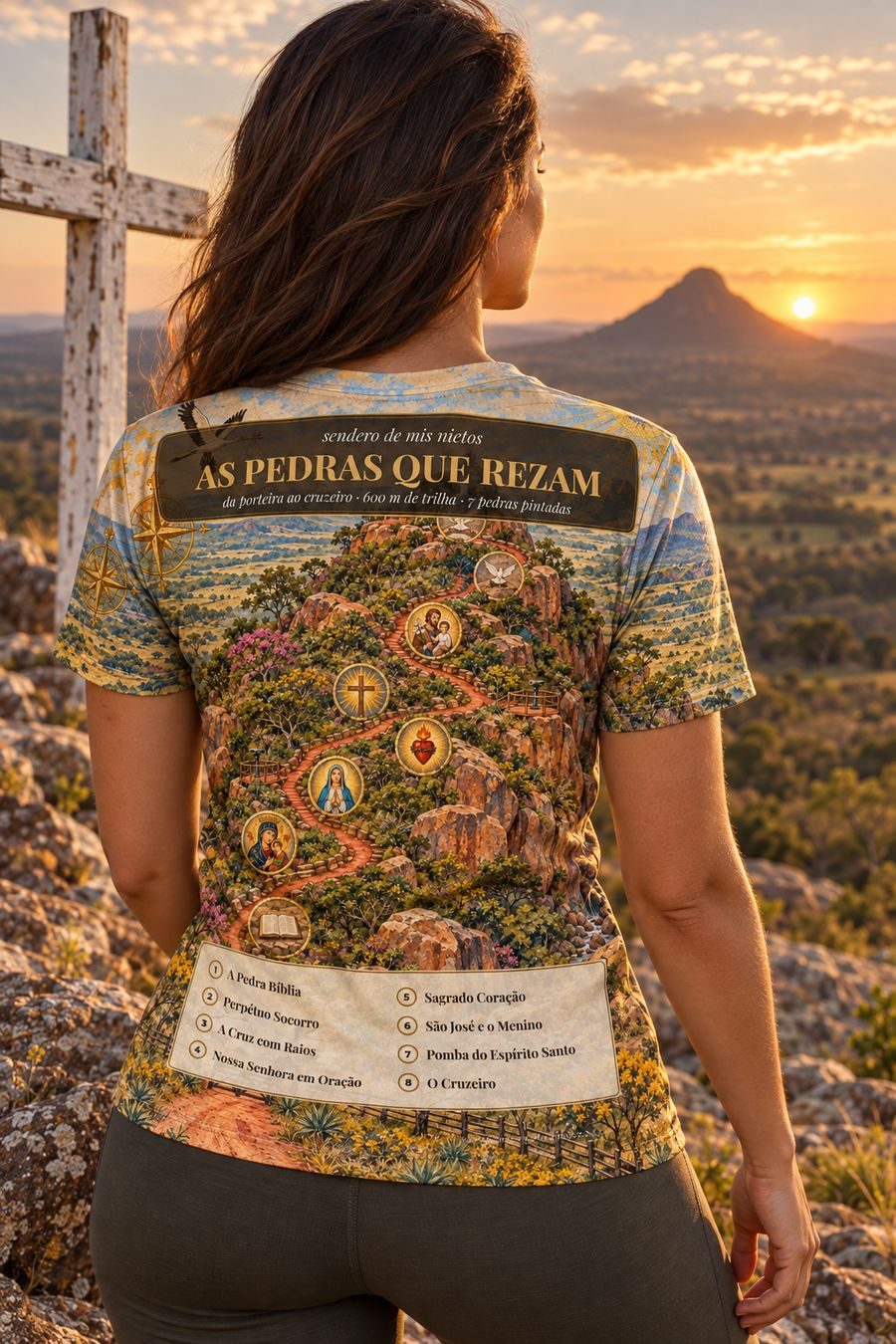 Visitante no cume vestindo a camiseta